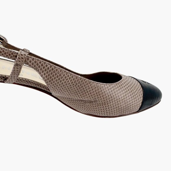 Chanel CC Cap Toe Slingback Kitten Pumps Heels Taupe Leather Size 38 US 7-7.5 - Picture 12 of 16